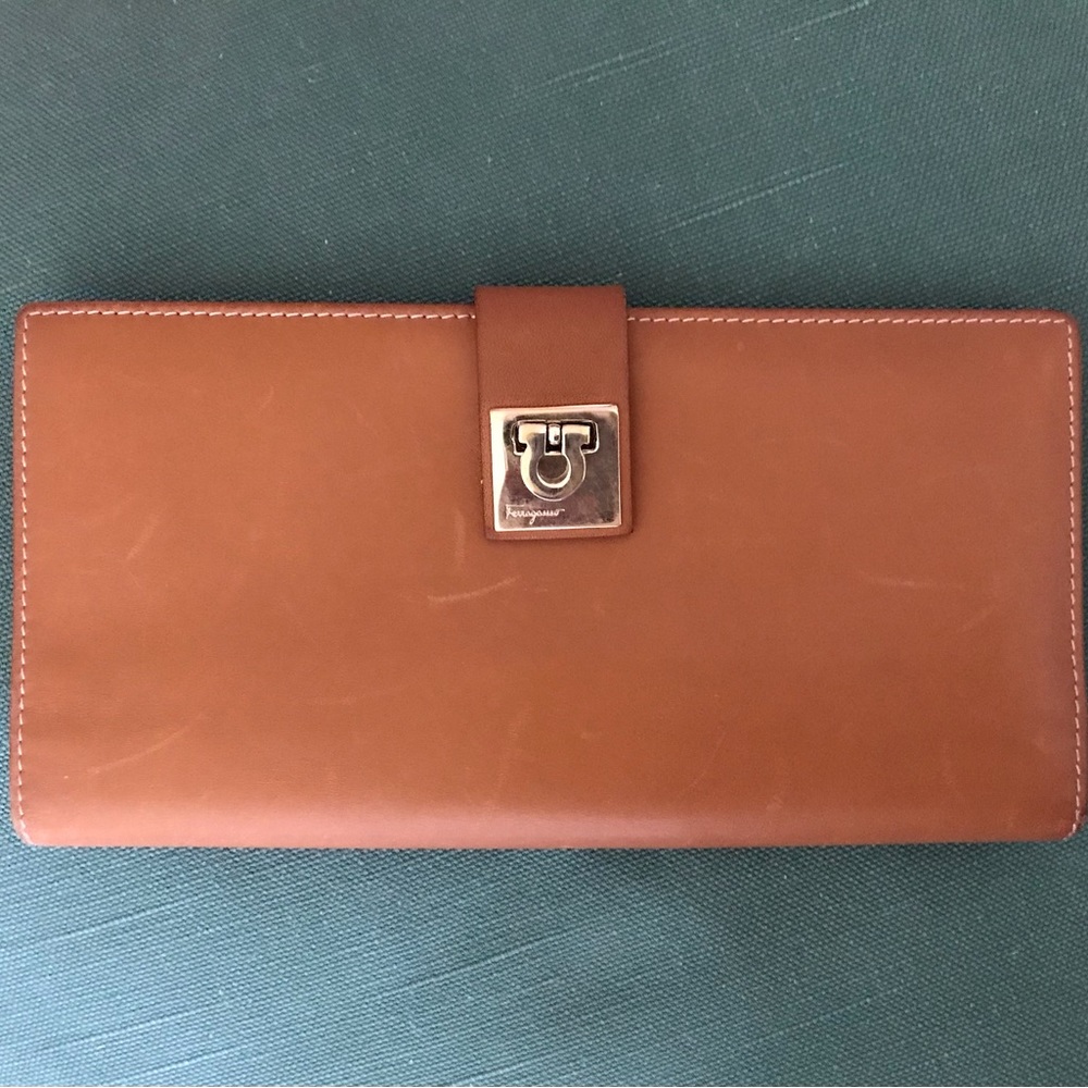 Brand New Ferragamo Caramel Half Fold Long Wallet in Pure Leather with Logo Lock